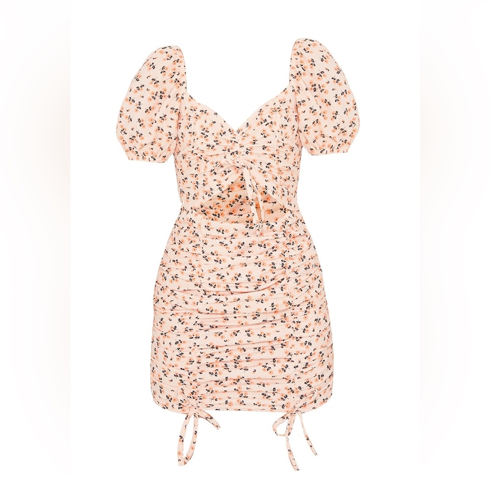 PrettyLittleThings Peach Rib Ruched Puff Sleeve Bodycon Dress Woman’s Size 12